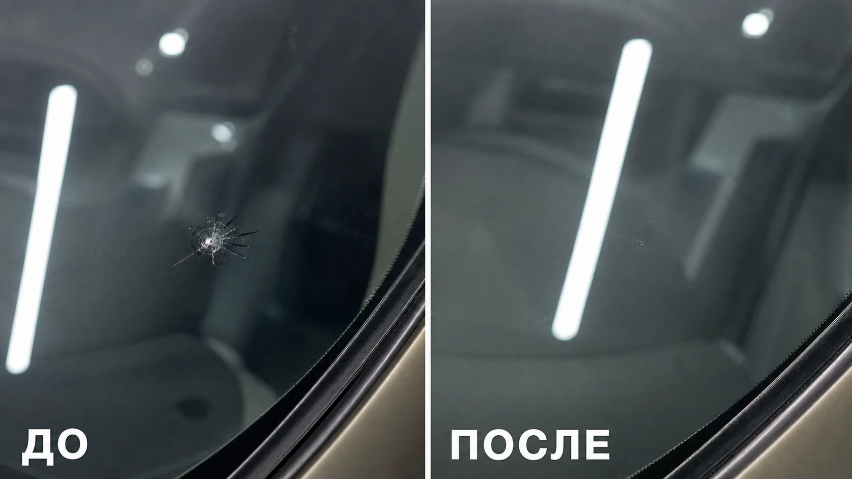 Ремонт скола на лобовом стекле до и после
